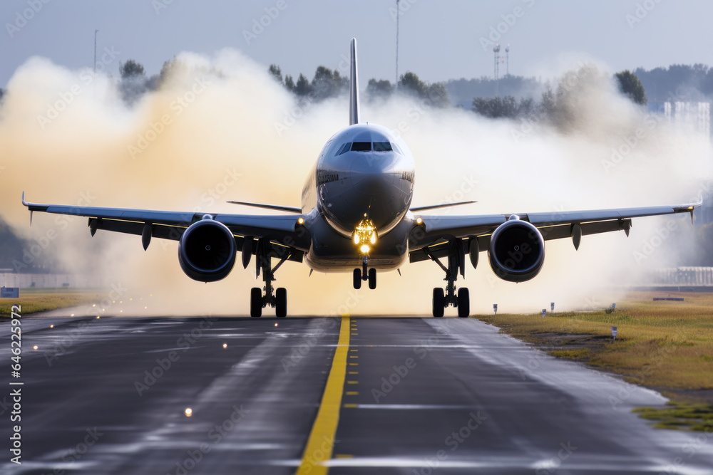 Obraz premium Airplane at take-off from runway airport, aviation carbon pollution