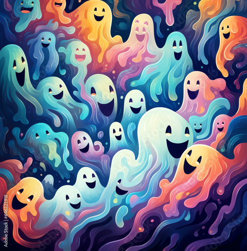 Halloween Extravaganza  Ghosts and Rainbows in Digital Caricature Style on Large Canvas