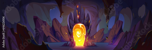 Mine cave inside fantasy game cartoon background. Dark underground rock cavern with gold magic portal. Epic mysterious glow door in mountain with stalactite. Wizard indoor teleport to alien world