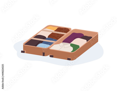 Well organized and packed suitcase, flat vector illustration isolated on white background.