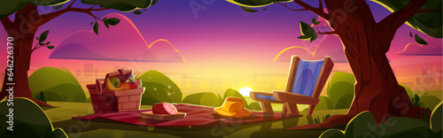 Picnic setup at sunset or sunrise against skyline of town multistory buildings. Fruits in wicker basket, ham and hat on blanket and lounge chair. Leisure with food in city park - cartoon vector.