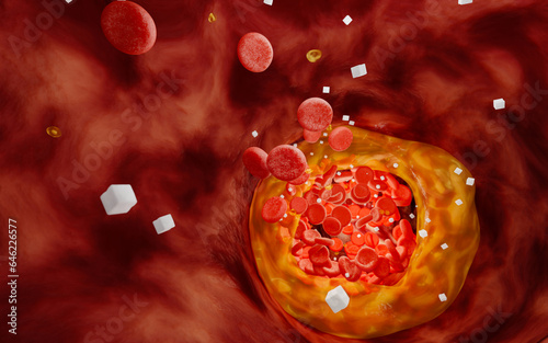 Fat clots in the arteries or arteriosclerosis. Diabetes, high sugar bloodstream. NCDs syndrome health problems and death from consumption of high-fat and sugary foods and lack exercise. 3d rendering