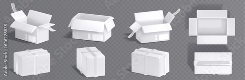 3d white cardboard box package delivery icon vector. Isolated realistic open and close empty parcel pack from shop with tape and label mockup. Recycle shipping product container for express deliver