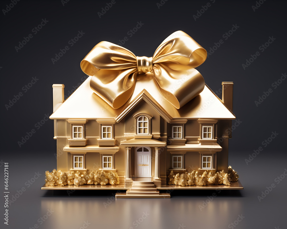 Solid Gold House with Gift Bow Real Estate Equity Retirement Concept