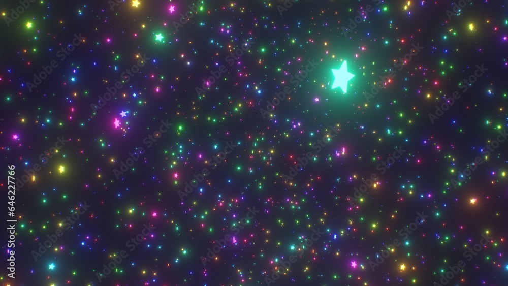 Flying Among Endless Field Of Rainbow Glow Stars Deep In Outer Space - Abstract Background Texture