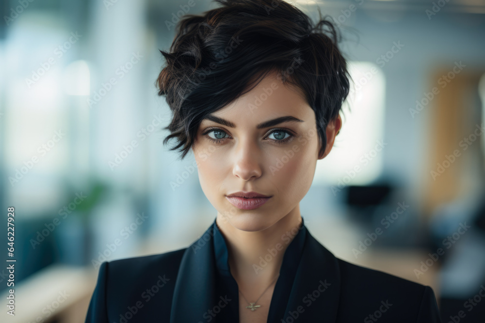 Naklejka premium Young businesswoman with short hair at her office