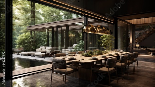 High-end residential dining room table interior with comfortable green trees