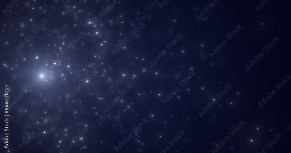 Abstract white energy particles and dots glowing flying sparks festive with bokeh effect and blur background
