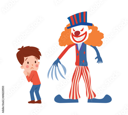 Vector illustration of little boy afraid of clown with red eyes and a claw for a hand, kid crying scared of creepy face of harlequins, children fears concept isolated on white background
