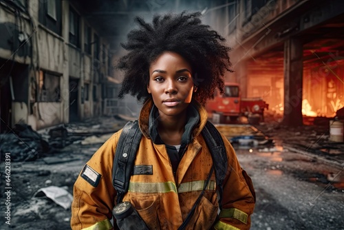 Afro female firefighter after work