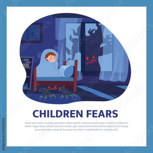 Children fears poster with little boy scared of monsters in the dark, flat vector illustration.