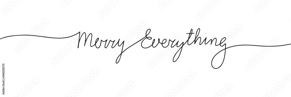 Merry Everything text, one line continuous words. Handwriting Christmas concept banner. Line art winter text. Vector illustration.