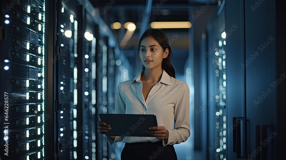 Fototapeta premium Data Center Female e-Business Entrepreneur Use Tablet Computer with Pleasure Smile in Big Cloud Computing Server Farm. Generative Ai