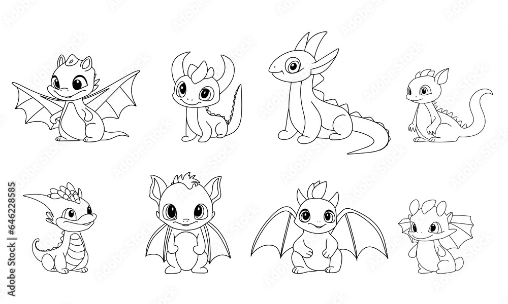 Obraz premium Set of doodle dragons. Hand drawn doodle dragon isolated on white background. Dragon outline icons collection. Symbol 2024 year. Vector illustration. 