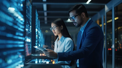 Data Center Female System Administrator and Male IT Specialist talk, Use Laptop in Cloud Computing Server Farm. Generative Ai