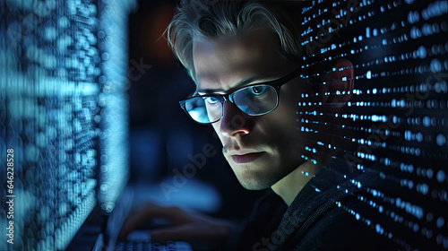 Close-up of Software Engineer Working on Computer, Line of Code Reflecting in Glasses. Generative Ai.