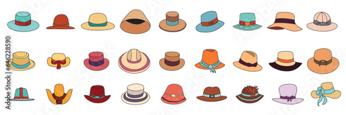 Big set of colored outline hats. Hand drawn doodle hat isolated on white background. Hats outline icons collection. 
