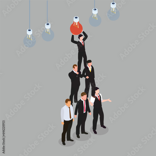 Team of business people fixing the light bulb. Idea, modification and support 3d vector illustration concept for banner, website, illustration, landing page, flyer, etc