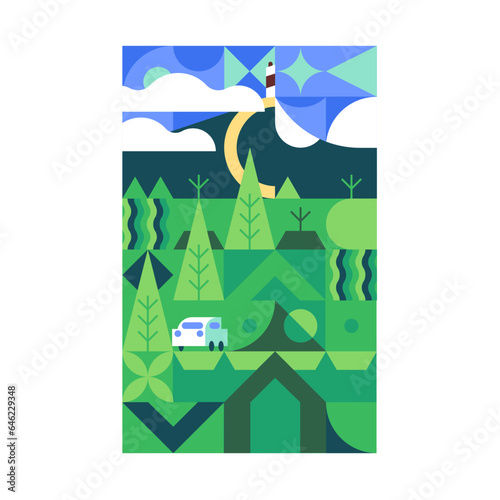 Green wood landscape in cubist style, poster. Abstract summer forest card. Geometric spring woodland. Vertical contemporary art for interior decoration. Modern stylized flat vector illustration
