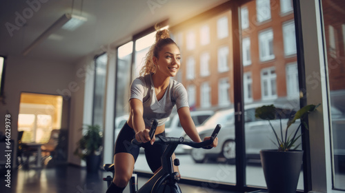 Women in sportswear cycling at home on a stationary exercise bike on background of light living room, maintaining a healthy lifestyle. Cardio training, exercising legs, cardio workout indoors.