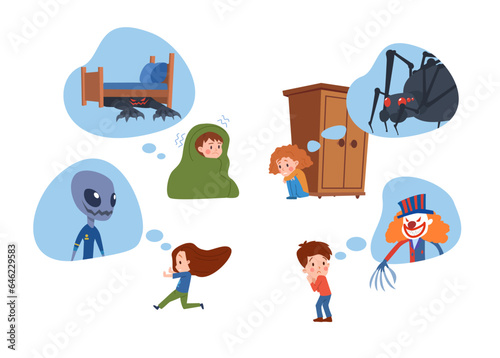 Set of vector illustrations of little frightened children who are afraid clown with claw, huge black spider, black monster with red eyes and alien, fears concept isolated on white background