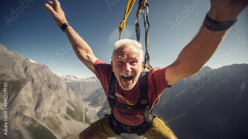 An older hiker bungee jumping with arms spread wide in exhilaration