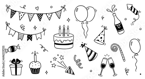 Birthday doodle icon element. Hand drawn sketch doodle birthday cake, balloon, event decoration element. Party, carnival celebration concept background. Vector illustration