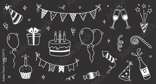 Birthday doodle icon element on chalkboard background. Hand drawn sketch doodle birthday cake, balloon, event decoration element. Party, carnival celebration concept background. Vector illustration