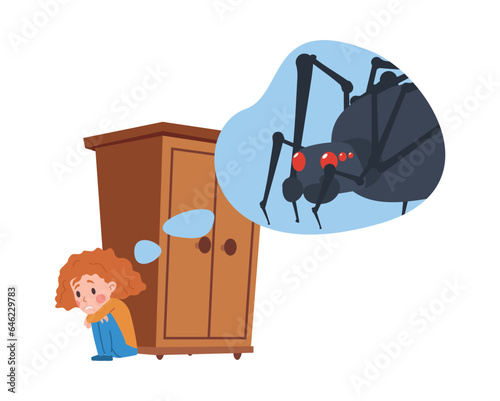 Scared girl thinking about big spider, arachnophobia concept - flat vector illustration isolated on white background.