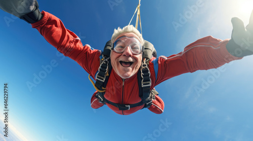 A senior skydiver freefalling with arms outstretched, exhilarated