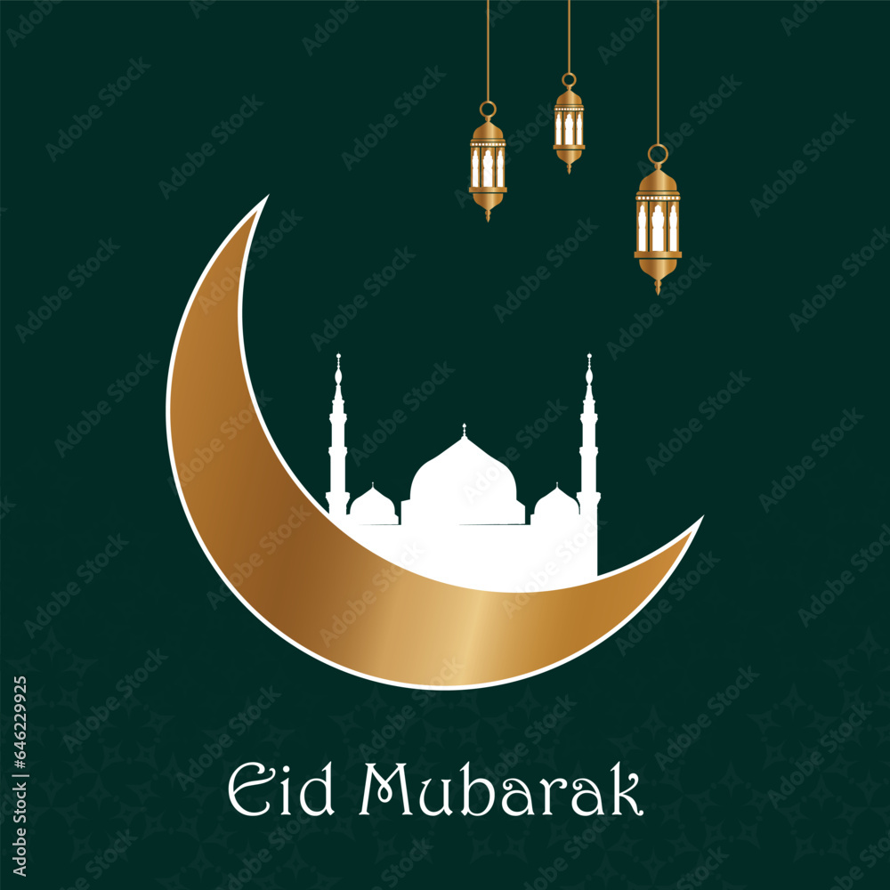 vector eid mubarak design with mosque and moon green