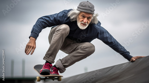 An elderly skateboarder mastering tricks at a skatepark, age no limit