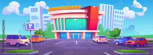 Car parking exterior near supermarket building vector. Front shop facade with vehicle lot system and sign on pylon concept. Outdoor sunny day illustration with modern city shopping mall place