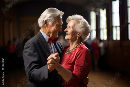 Elderly couple have fun dancing a slow dance and looking at each other