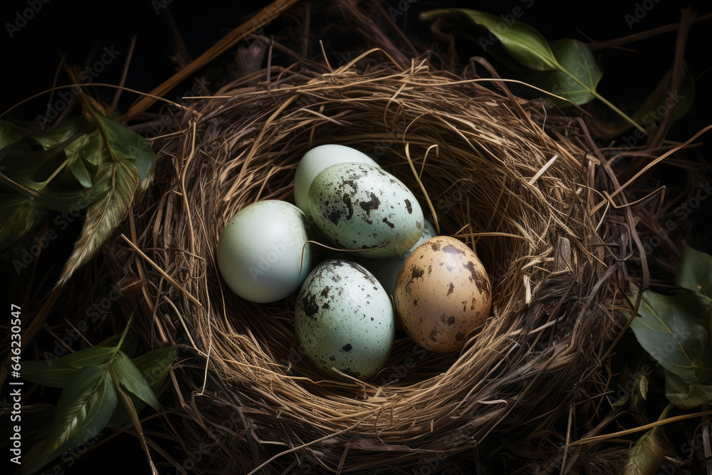 Obraz premium Bird's nest with eggs in the forest. Generative AI