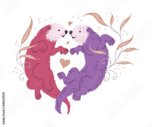 Vector illustration of cute cartoon sea otters family in pink, lilac colors, mother and father sea otters are lovely swiming against the background of beige plants, floral drawings and hearts