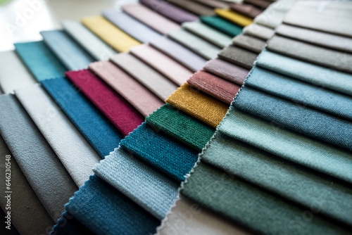 Catalog of new upholstery fabric samples on home sofa or renovation other