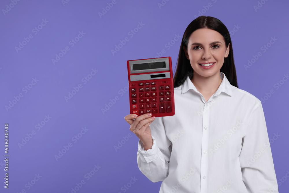 Smiling accountant with calculator on purple background, space for text Smiling accountant with calculator on purple background, space for text