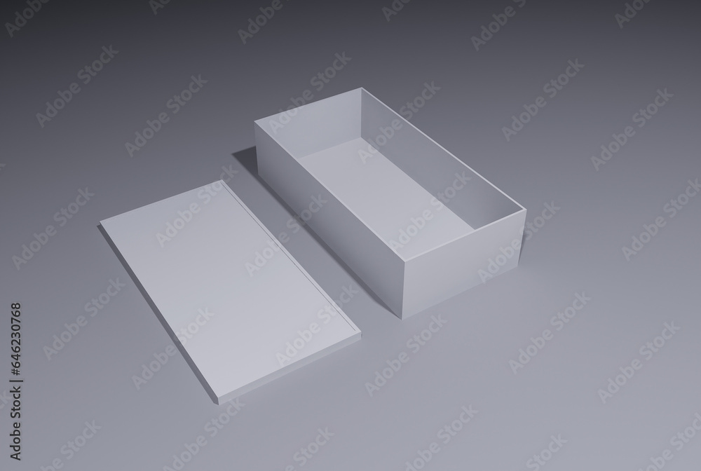 Two blank packaging boxes - open and closed mockup, isolated on white background Two blank packaging boxes - open and closed mockup, isolated on white background