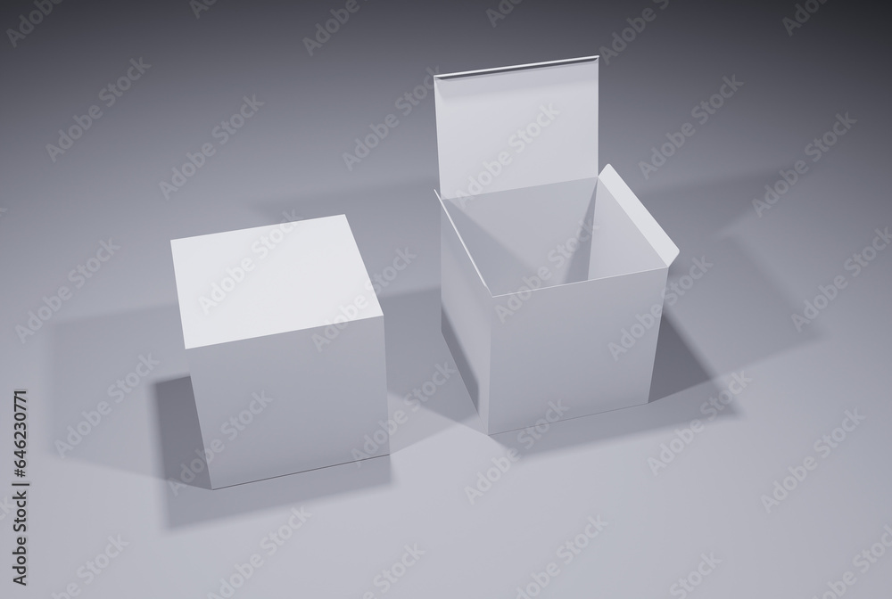 Two blank packaging boxes - open and closed mockup, isolated on white background Two blank packaging boxes - open and closed mockup, isolated on white background