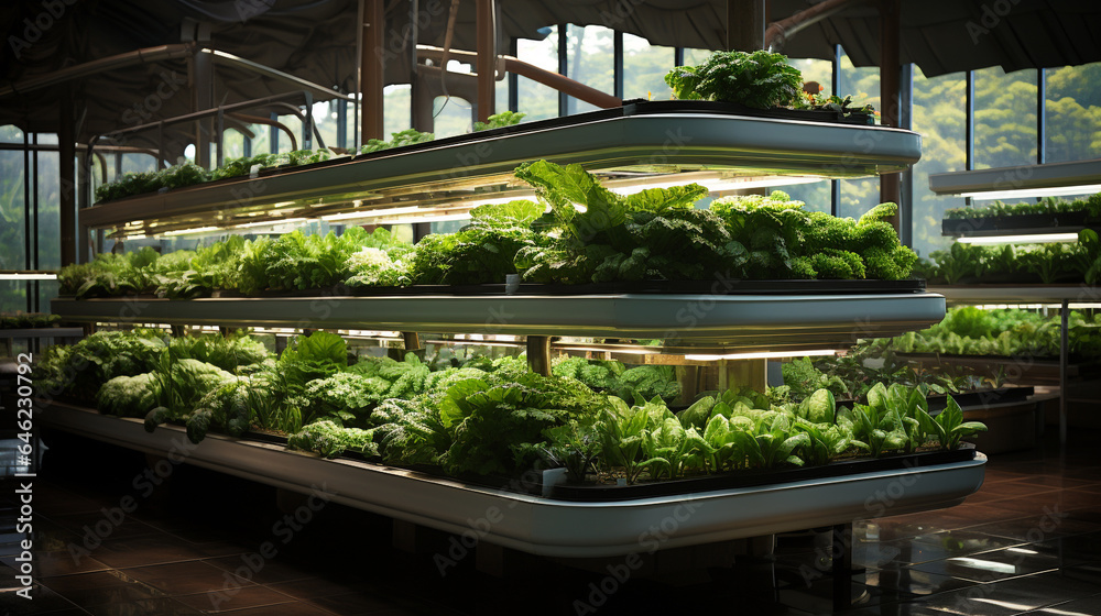 Indoor vegetable farm with synthetic light. Indoor vegetable farm with synthetic light.
