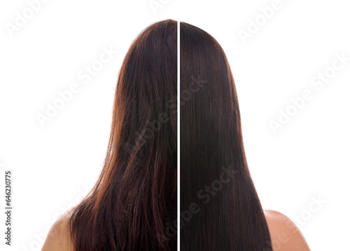 Photo of woman divided into halves before and after hair treatment on white background