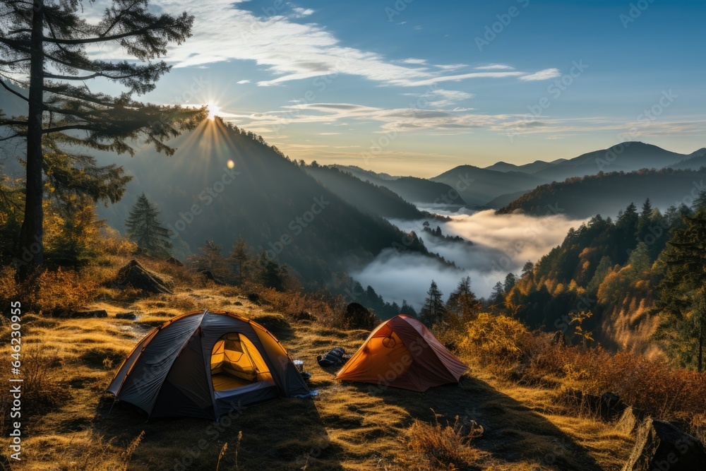View of morning mist and sun rise. Many camping tents in mountain forest and morning mist. Camping with tent on winter.