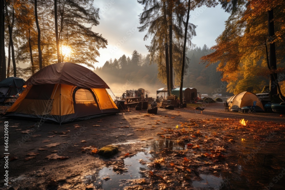 Image of camping in the forest and the morning sun. Many camping tents in the forest in the morning. Camping with tent on winter.