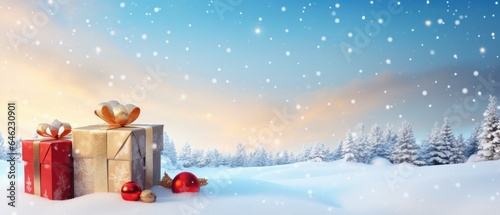 Christmas background. Gift and ball in forest against a blue sky in a snowfall. panorama view. Beautiful Festive Christmas snowy background. copy space. © amnaj