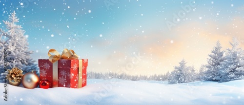 Christmas background. Gift and ball in forest against a blue sky in a snowfall. panorama view. Beautiful Festive Christmas snowy background. copy space. © amnaj