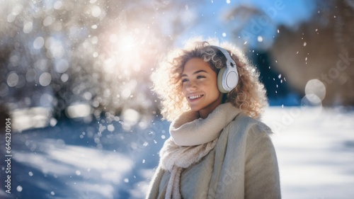 Cheerful happy young woman wearing headphones listening to music in a snowy park, winter scenery.