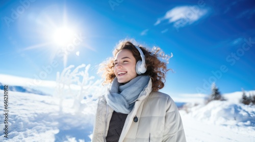 Cheerful happy young woman wearing headphones listening to music in a snowy park, winter scenery.