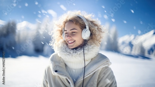 Cheerful happy young woman wearing headphones listening to music in a snowy park, winter scenery.