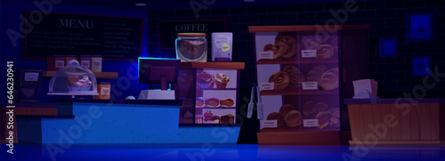 Night bakery counter in cafe store interior vector background. Modern restaurant inside cartoon illustration. Assortment of bread, cake and bun on showcase shelf. Indoor pastry retail business